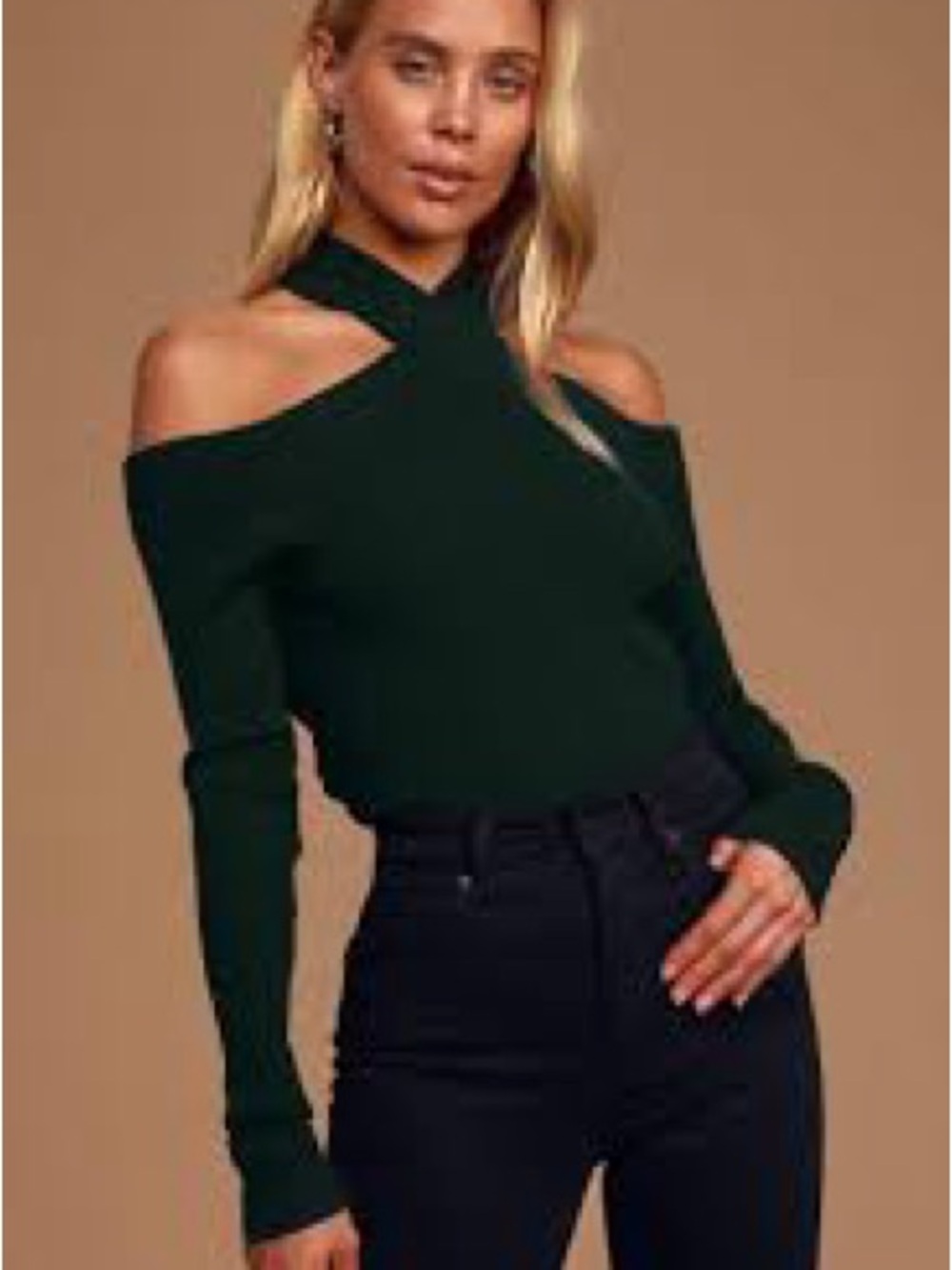 Lulu's Dark Green Off-Shoulder Crisscross Sweater